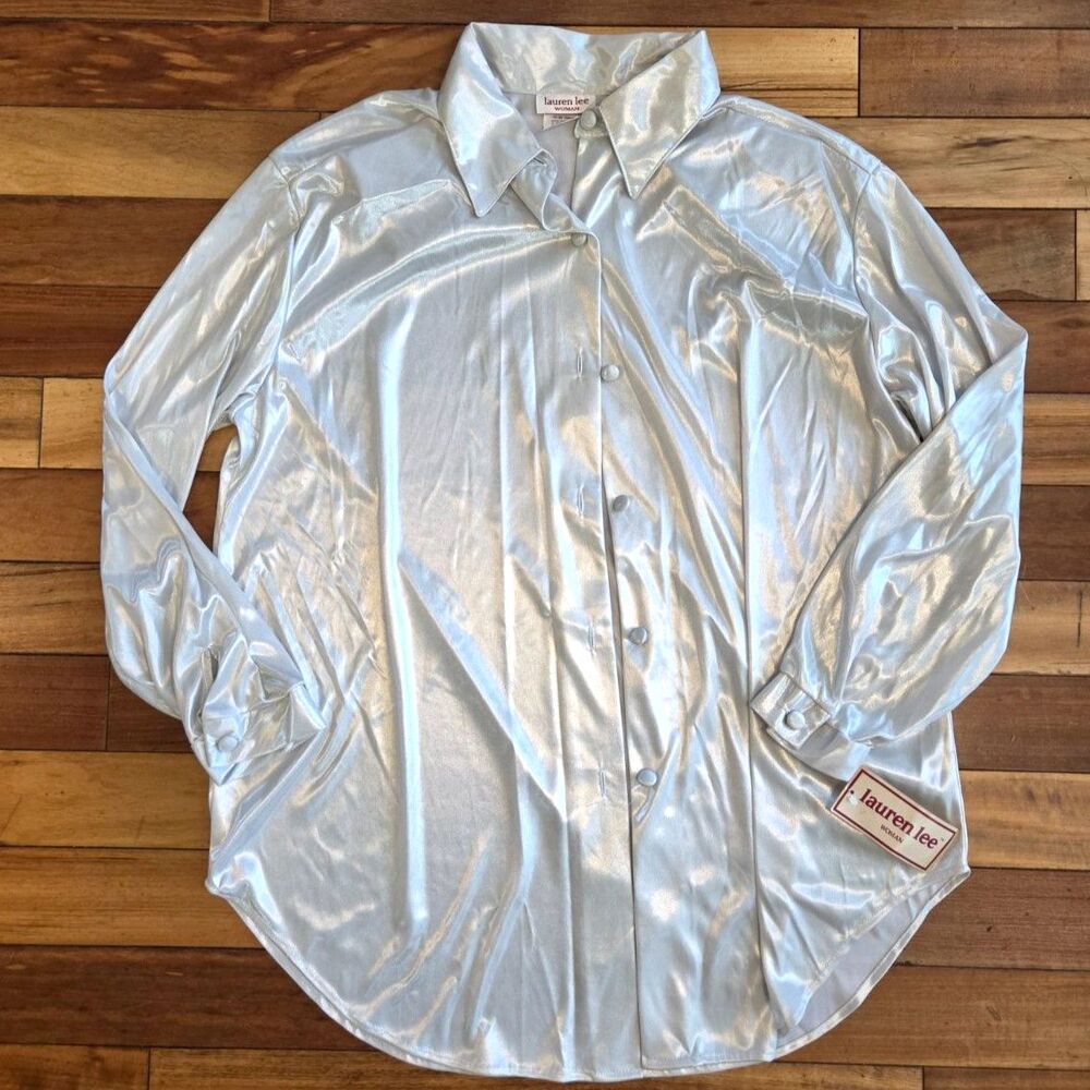 Vintage Women's 18w Lauren Lee Long-sleeve Metallic Silver Button-up Shiny Shirt